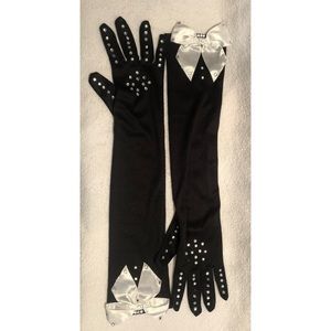 Black costume gloves with white bow & rhinestones